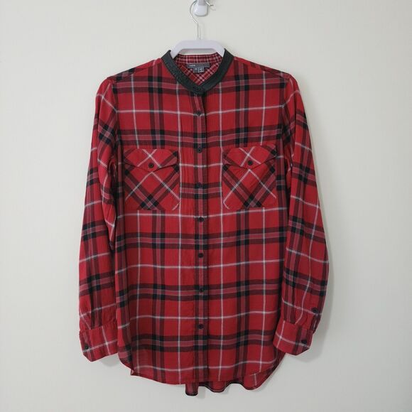Vince. Womens Plaid Button-Down Shirt Red Black Long Sleeve Leather Band Size 10 - Picture 1 of 8